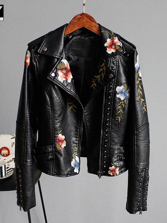 EB | Damenlederjacke mit Eleganten und Schicken Bestickten Blumen