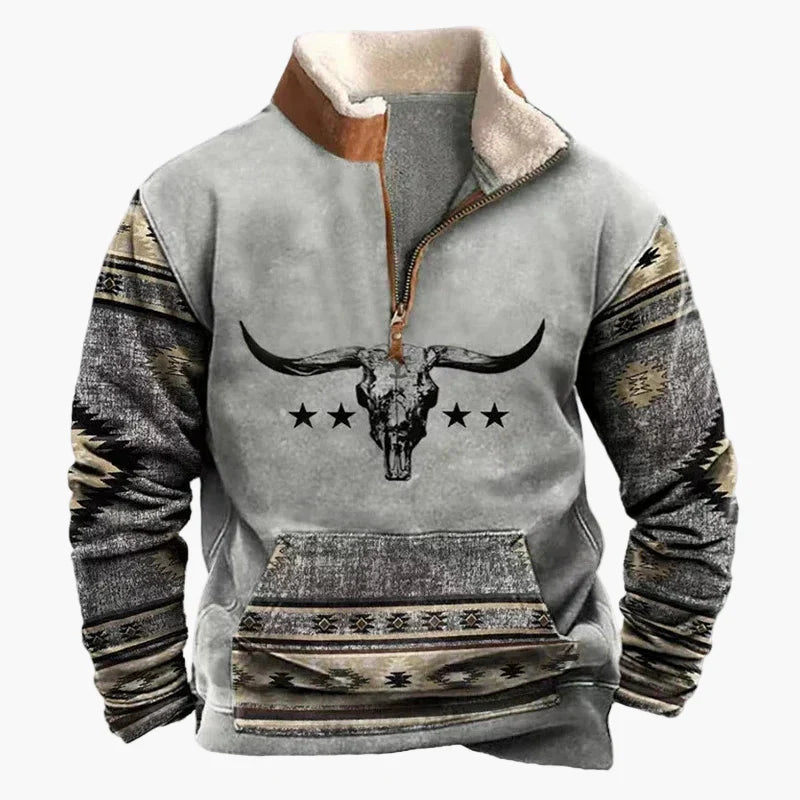 EB | Western Style Pullover mit Azteken-Muster und Longhorn-Motiv - Bequemer Freizeit-Sweater für Outdoor & Alltag