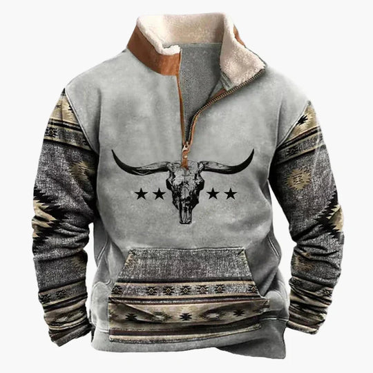 EB | Western Style Pullover mit Azteken-Muster und Longhorn-Motiv - Bequemer Freizeit-Sweater für Outdoor & Alltag