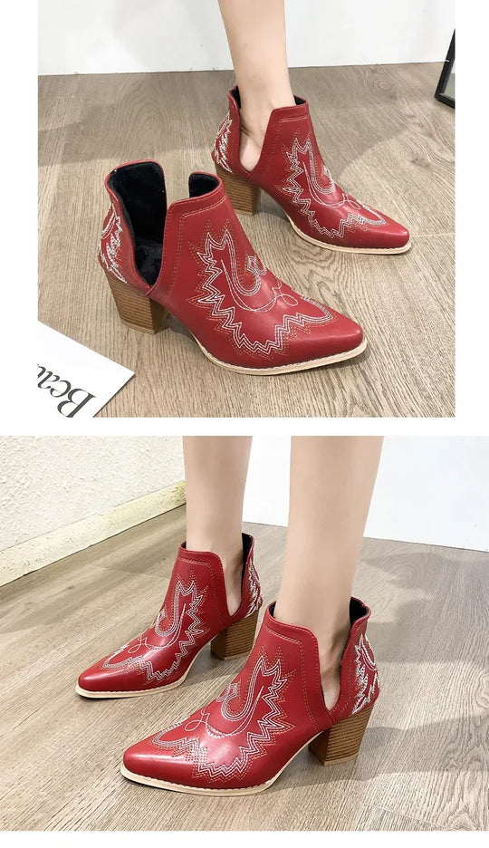 EB | Damen Westernstiefel mit Blockabsatz und Retro-Stickerei