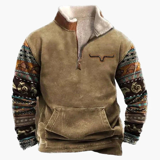 EB | Western Style Pullover mit Azteken-Muster und Longhorn-Motiv - Bequemer Freizeit-Sweater für Outdoor & Alltag