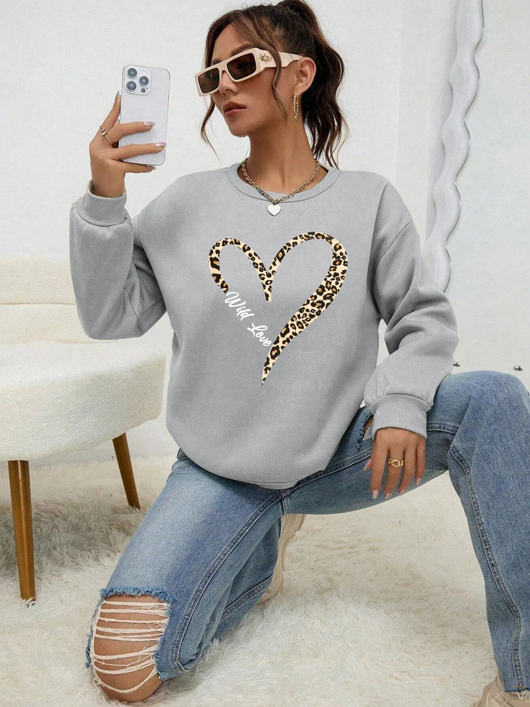 EB | Sweatshirt mit Leopard-herzprint Polyester Trendy und Komfortabel
