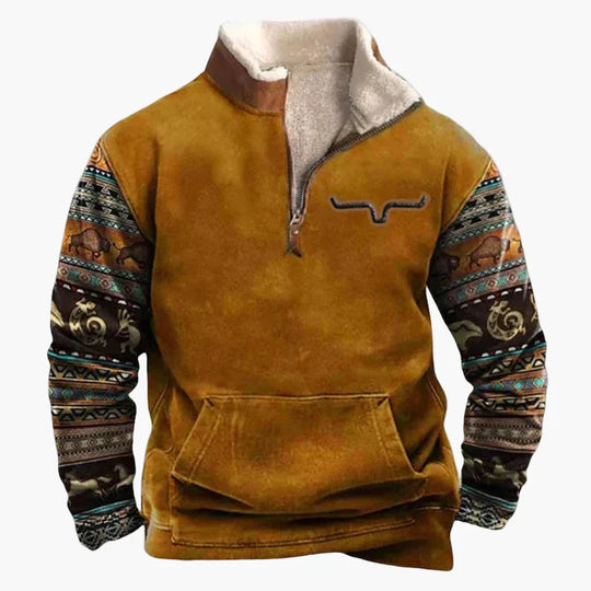 EB | Western Style Pullover mit Azteken-Muster und Longhorn-Motiv - Bequemer Freizeit-Sweater für Outdoor & Alltag