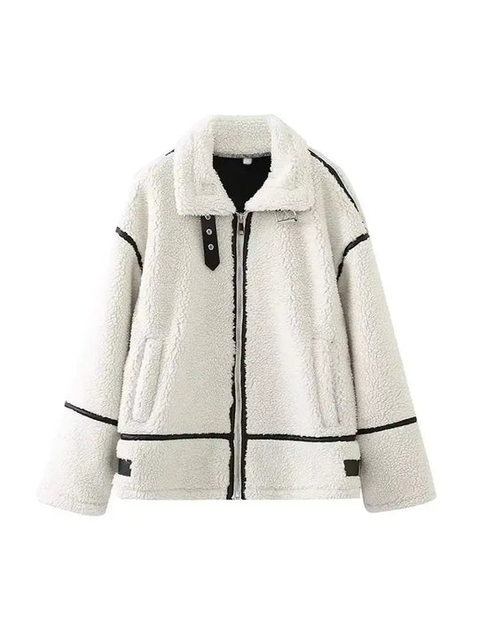 EB | Lässige Jacke mit Pelzkragen und Farbblockierung