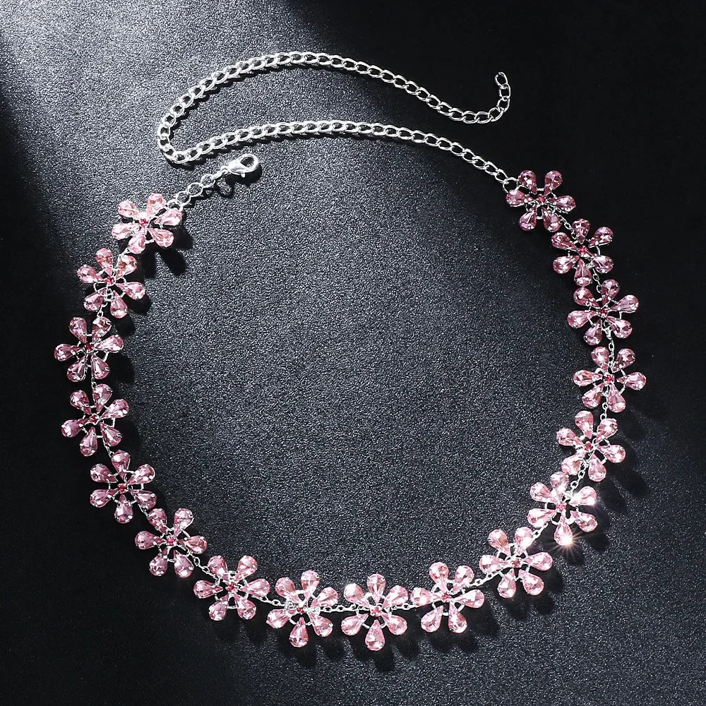 EB | Mode Pink Crystal Flowers Choker Necklace Statement Accessories Mode Frauen Rhinestone Collar Necklace Schlüsselbein Schmuck Ins