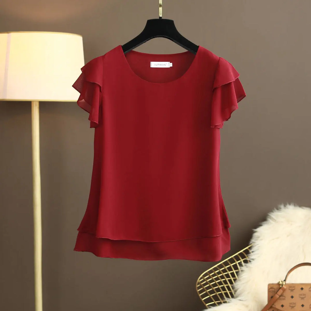 EB | Chiffon Bluse mit O-Ausschnitt und Kurzen Ärmeln