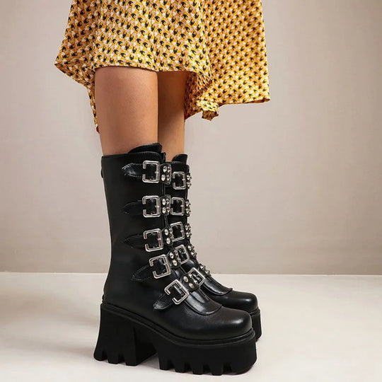 EB | Gothic Schuhe Frauen Schwarz Hochstiefel Weiblich Hohe Absatz Frauen Combat Punk Chunky Dame