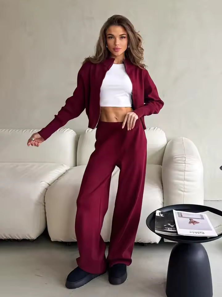 EB | Damen 2 Teiliges Loungewear Satz mit Reißverschlussjacke und Weitem Hosen