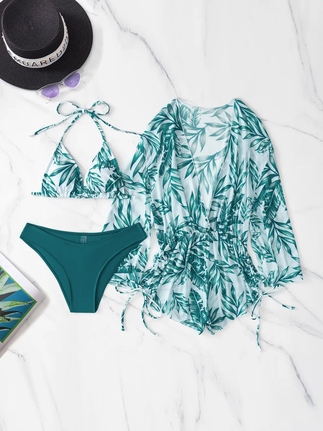 EB | 3 Stück Bikini Tropischer Druck Badebekleidung Halter Schnürseite Badebekleidung Frauen Badeanzug Weiblich Schwimmen Sommer Strandbekleidung