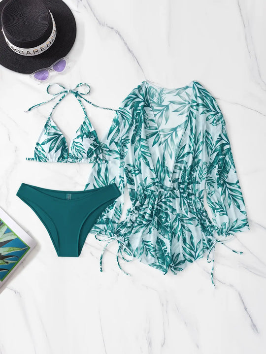 EB | 3 Stück Bikini Tropischer Druck Badebekleidung Halter Schnürseite Badebekleidung Frauen Badeanzug Weiblich Schwimmen Sommer Strandbekleidung