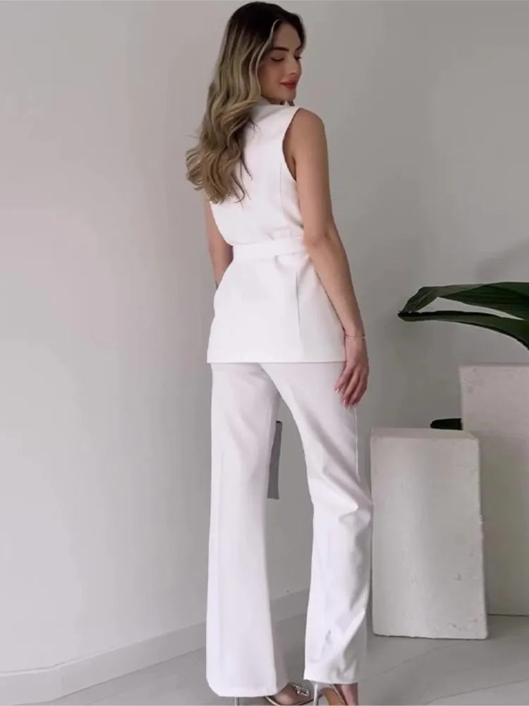 EB | Ärmelloser Blazer-Anzug Taillierte Passform Wickel-V-Ausschnitt Weite Hose