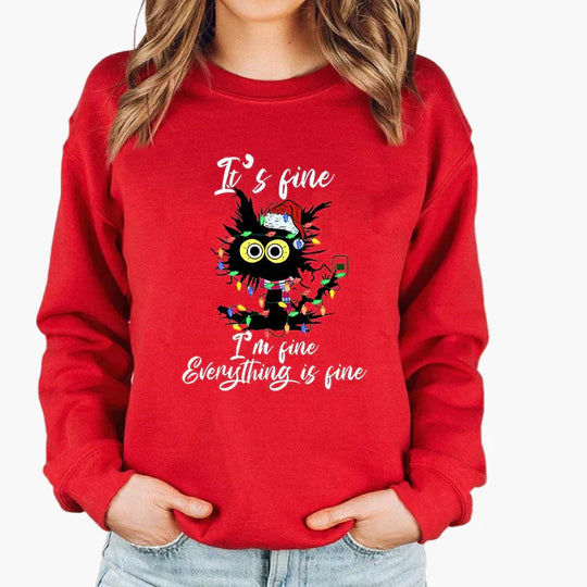 EB | Weihnachtspullover mit Katze und Lichterkette - Lustiger Winter-Sweater für Katzenliebhaber