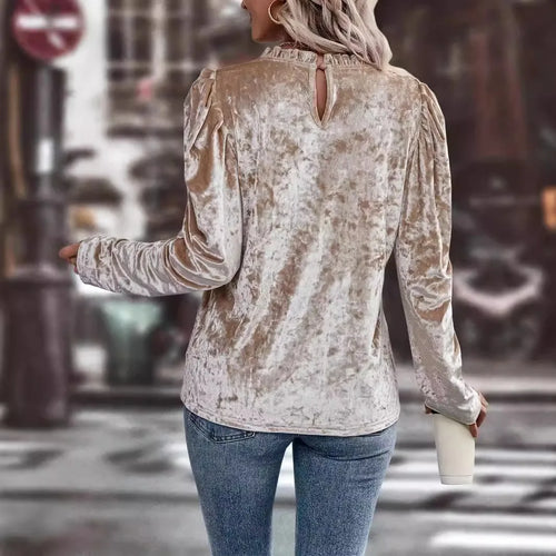 EB | Veloursbluse mit Hohem Kragen Lange Ärmel Elegant und Weicher Stil