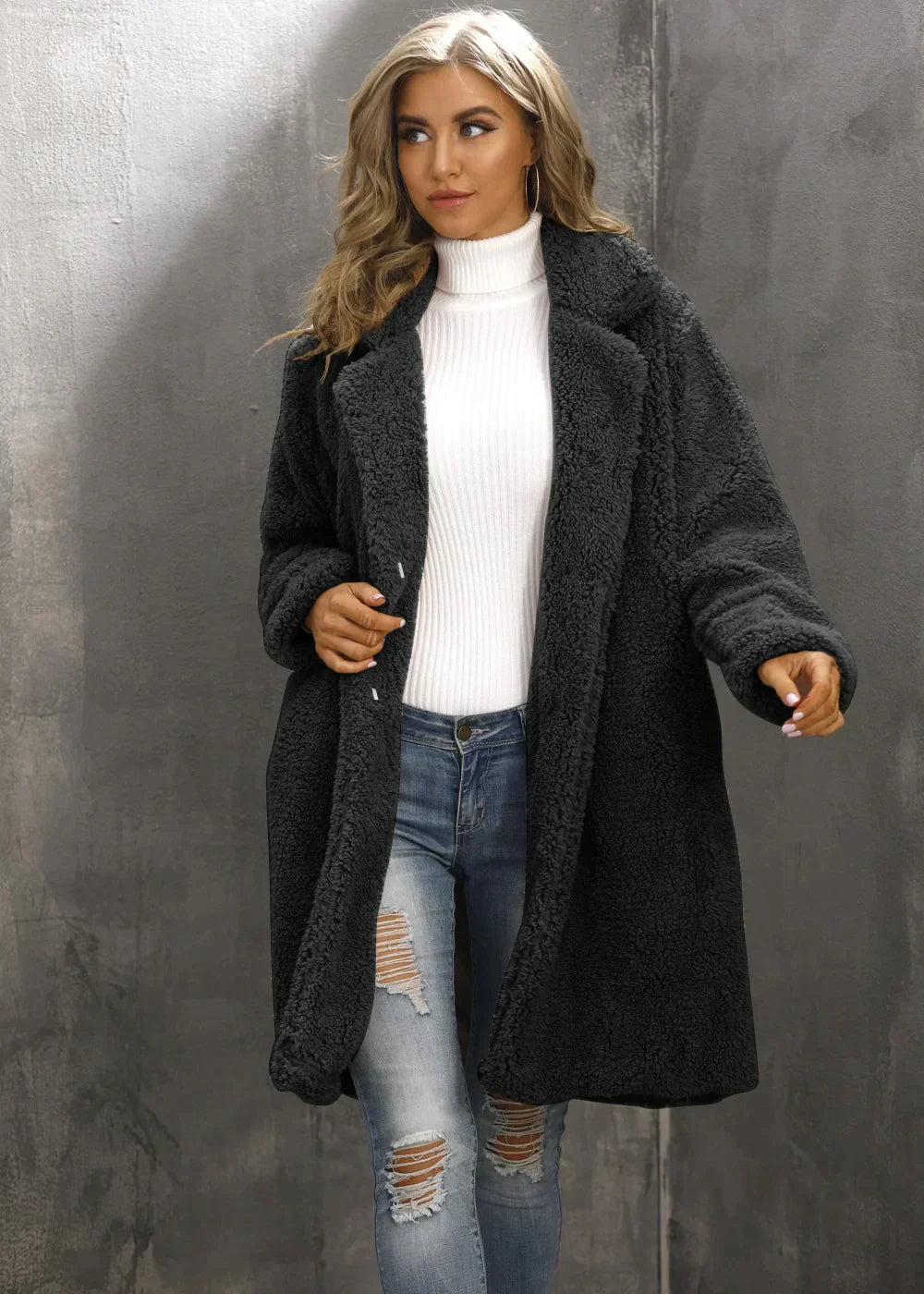 EB | Teddy Mantel Weich und Warm Oversized Schnitt Offene Vorderseite Lange Ärmel