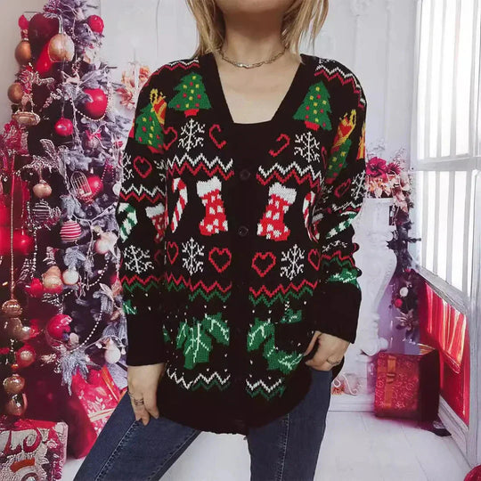 EB | Strickjacke Strick Knopfverschluss Festliches Design mit Weihnachtsmuster V-Ausschnitt