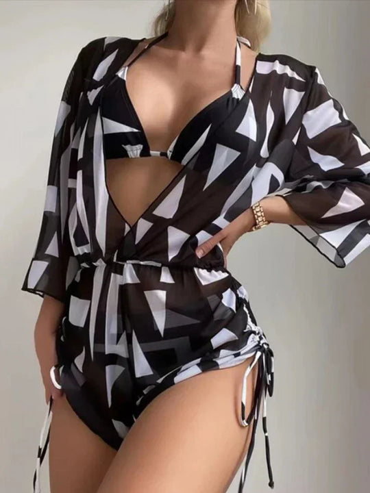 EB | 3 Stück Bikini Tropischer Druck Badebekleidung Halter Schnürseite Badebekleidung Frauen Badeanzug Weiblich Schwimmen Sommer Strandbekleidung
