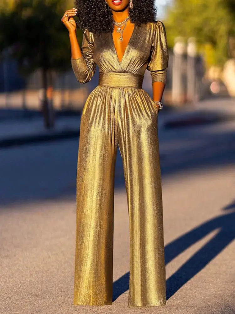 EB Damen Jumpsuit mit V-Ausschnitt und Metallic-Optik