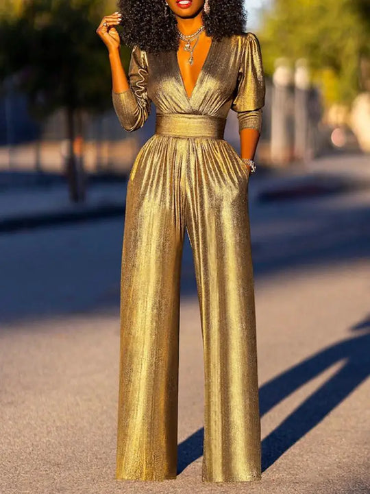 EB Damen Jumpsuit mit V-Ausschnitt und Metallic-Optik