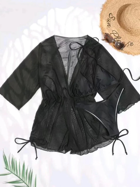EB | 3 Stück Bikini Tropischer Druck Badebekleidung Halter Schnürseite Badebekleidung Frauen Badeanzug Weiblich Schwimmen Sommer Strandbekleidung