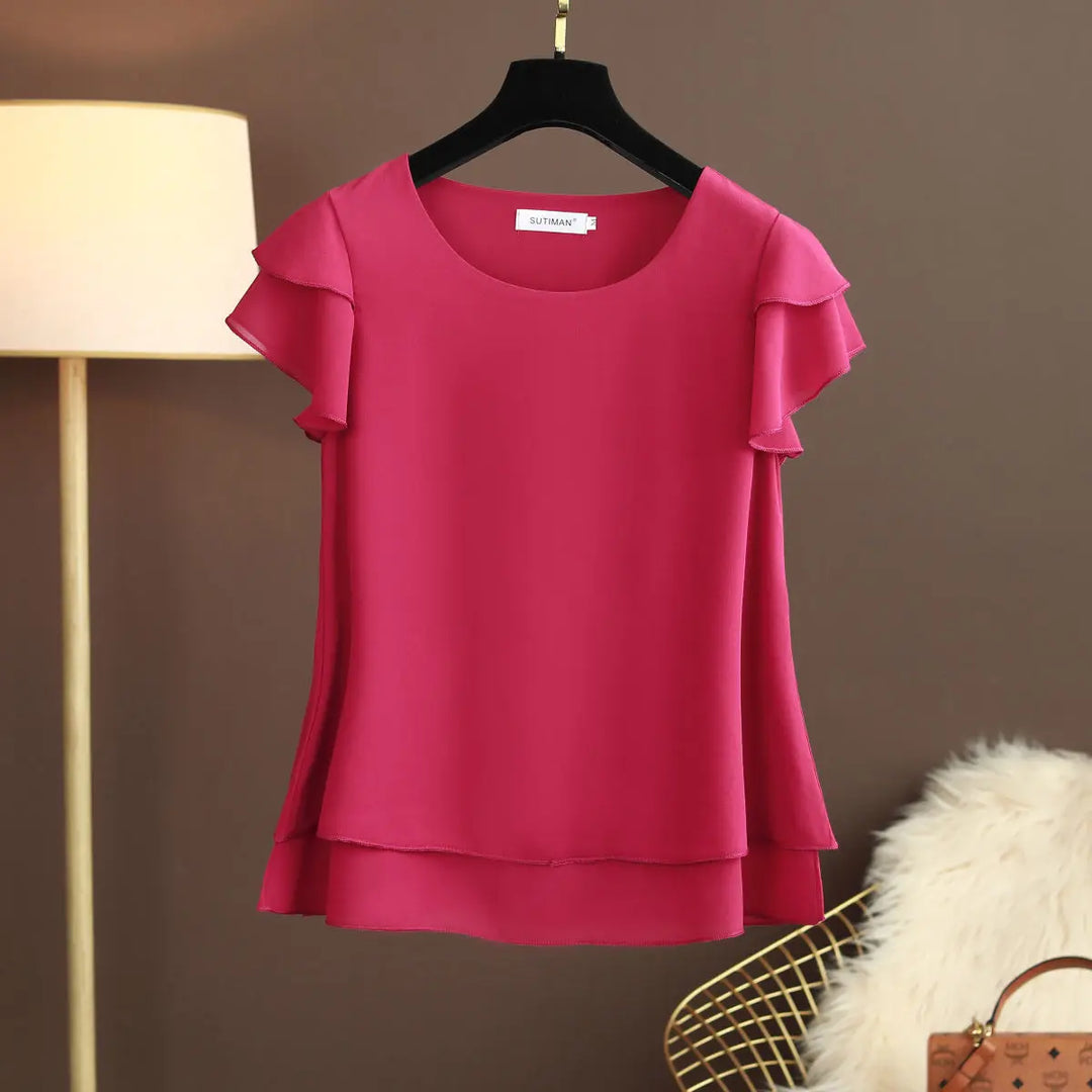 EB | Chiffon Bluse mit O-Ausschnitt und Kurzen Ärmeln