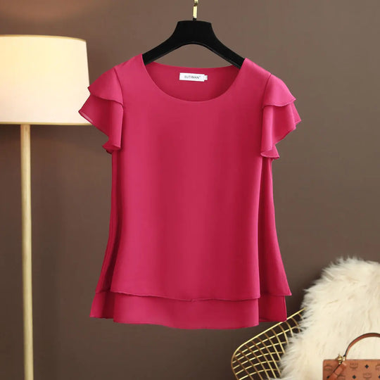 EB | Chiffon Bluse mit O-Ausschnitt und Kurzen Ärmeln
