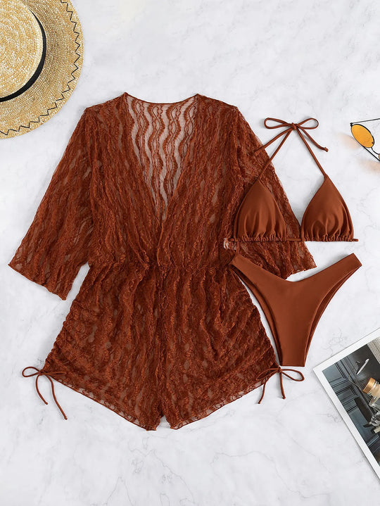 EB | 3 Stück Bikini Tropischer Druck Badebekleidung Halter Schnürseite Badebekleidung Frauen Badeanzug Weiblich Schwimmen Sommer Strandbekleidung