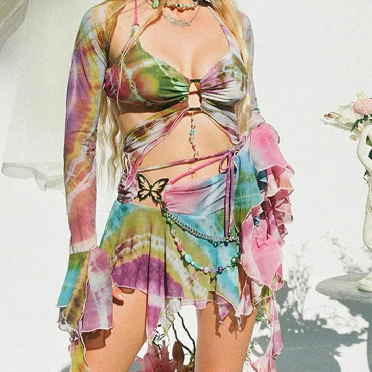 EB | Mesh Schmetterling Crop Top und Minirock Tie Dye Y2k Satz