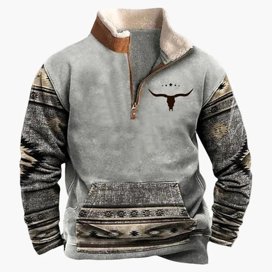 EB | Western Style Pullover mit Azteken-Muster und Longhorn-Motiv - Bequemer Freizeit-Sweater für Outdoor & Alltag