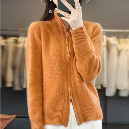 EB | Woll Cardigan Doppelter Reißverschluss und Hoher Kragen Weich und Elegant