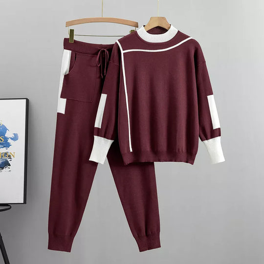 EB - Lässiges Herbst Strick Patchwork Oberteil und Hosen Set für Frauen