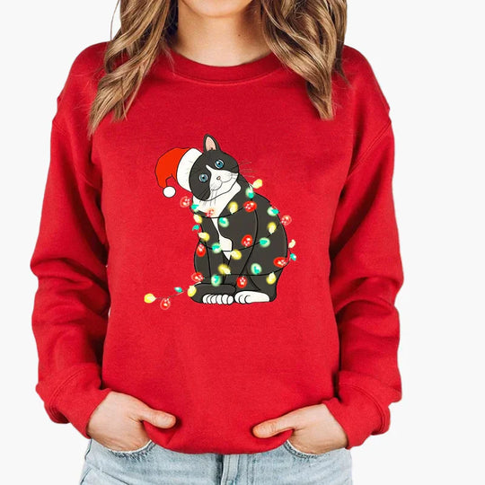 EB | Weihnachtspullover mit Katze und Lichterkette - Lustiger Winter-Sweater für Katzenliebhaber