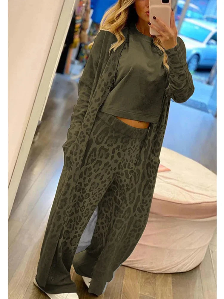 EB | Leopardenprint Cardigan, Langarm Taschen und Gummizug Hosen Satz