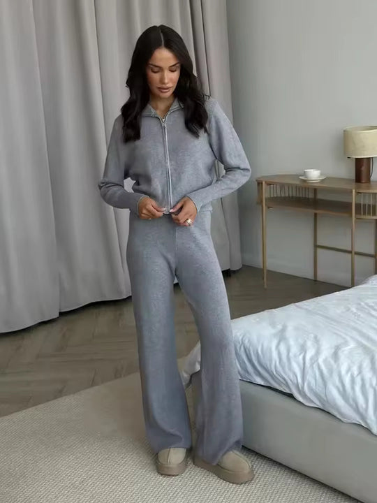 EB | Damen 2 Teiliges Loungewear Satz mit Reißverschlussjacke und Weitem Hosen
