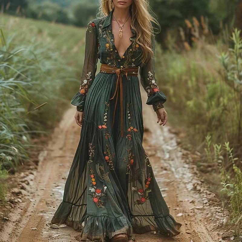 Boho Damen Maxikleid mit Niedrigem V-Ausschnitt und Langarm | EB