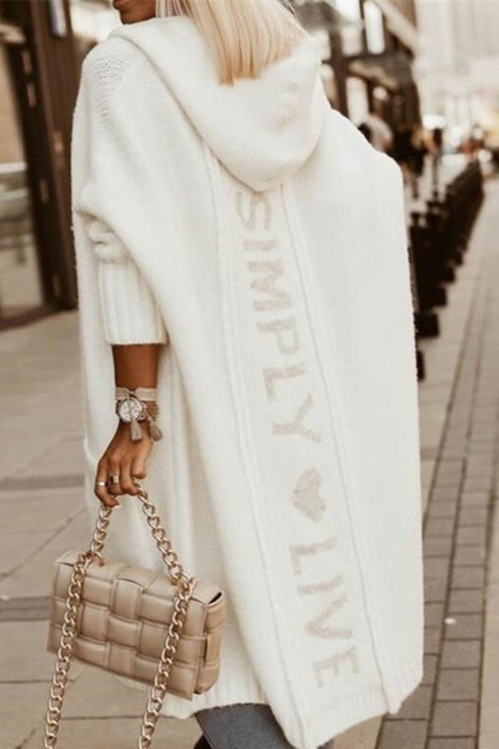 EB | gestrickte Jacke mit Kapuze Damen - stylische lange Winterjacke