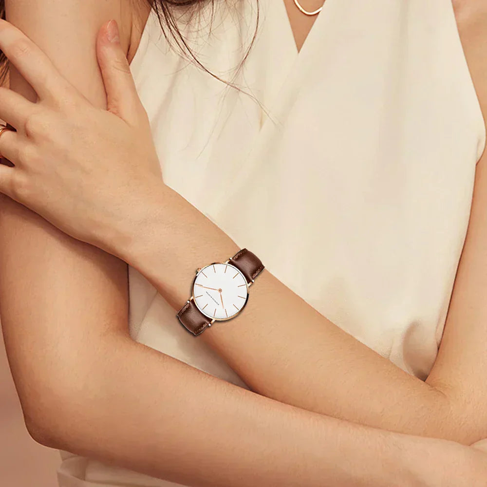 EB | Runde Zeitlose Minimalistische Uhr mit Lederarmband für Frauen