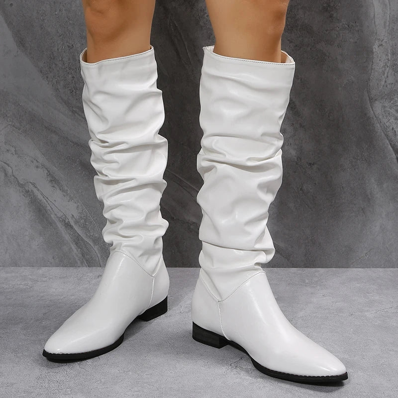 EB | Knielange Punk-Stil Falten Pu-Leder Stiefel