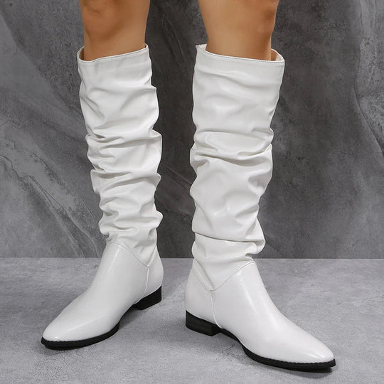 EB | Knielange Punk-Stil Falten Pu-Leder Stiefel