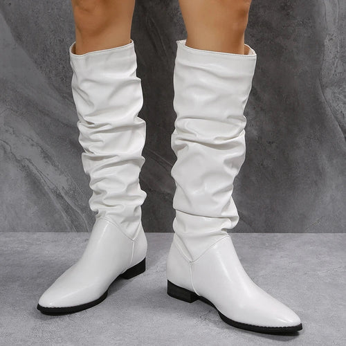 EB | Knielange Punk-Stil Falten Pu-Leder Stiefel