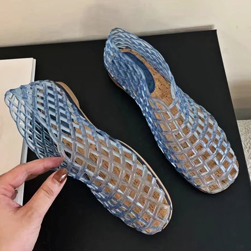 EB | Sommer Jellies Schuhe Frauen Mode Transparent Mesh Hollow Out Strand Schuhe Damen Flache Sandalen Farbige Runde Zehen Jelly Sandalen