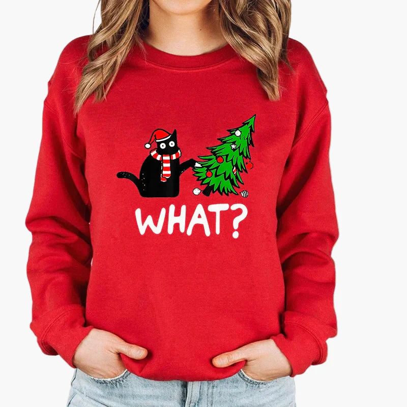 EB | Weihnachtspullover mit Katze und Lichterkette - Lustiger Winter-Sweater für Katzenliebhaber