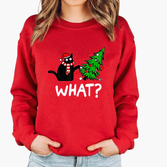 EB | Weihnachtspullover mit Katze und Lichterkette - Lustiger Winter-Sweater für Katzenliebhaber