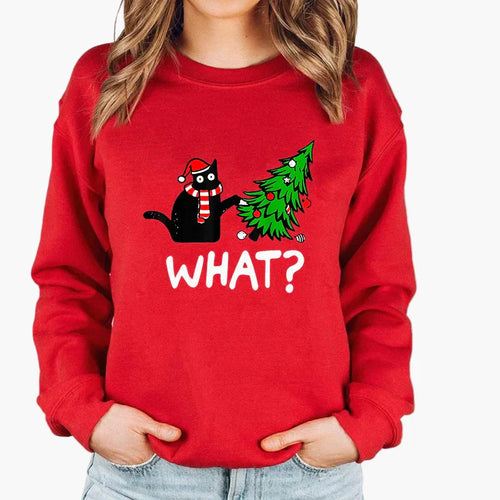 EB | Weihnachtspullover mit Katze und Lichterkette - Lustiger Winter-Sweater für Katzenliebhaber