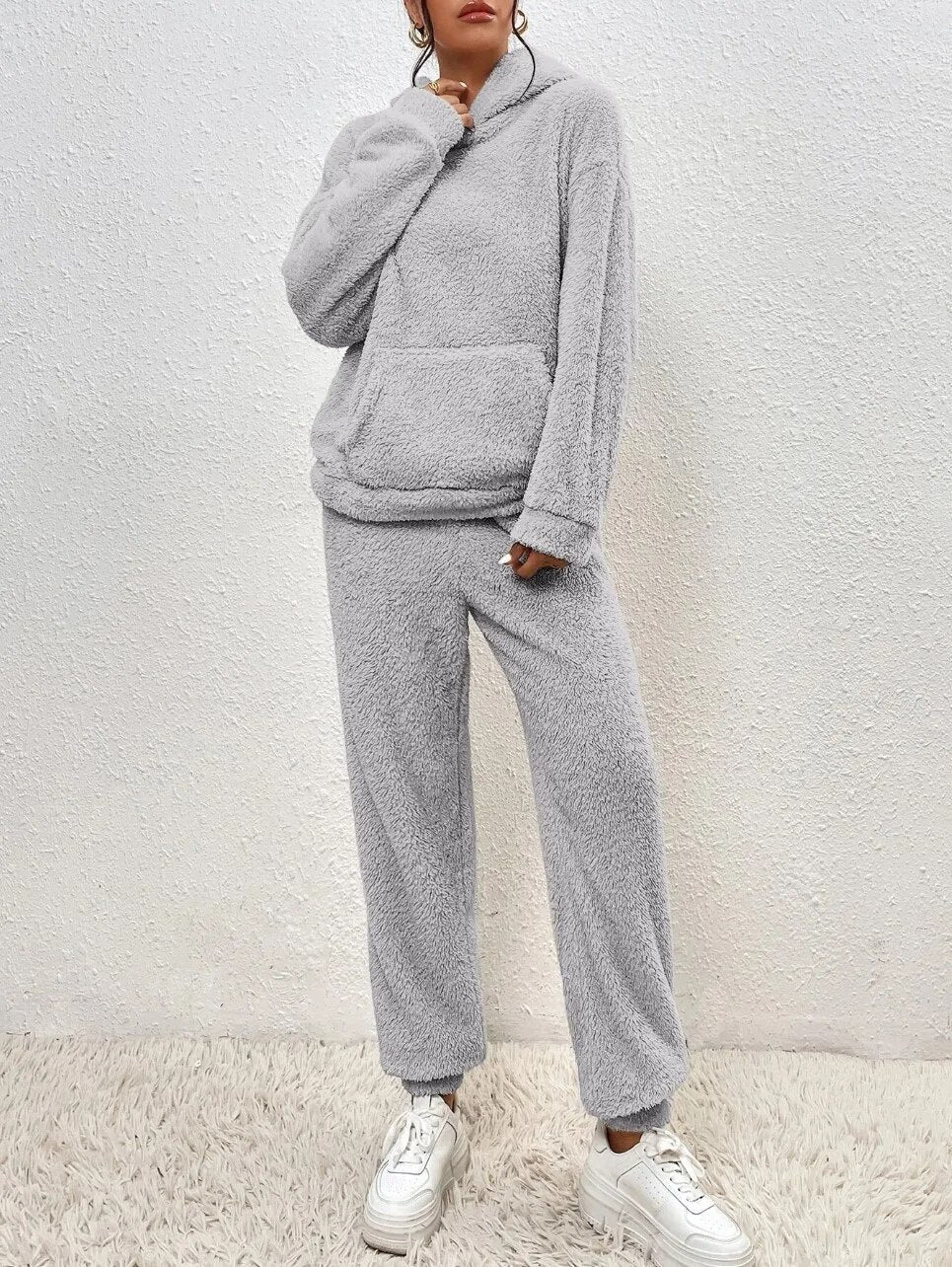 EB | Weiche Teddyjacke Damen Loungewear Satz mit Kapuze