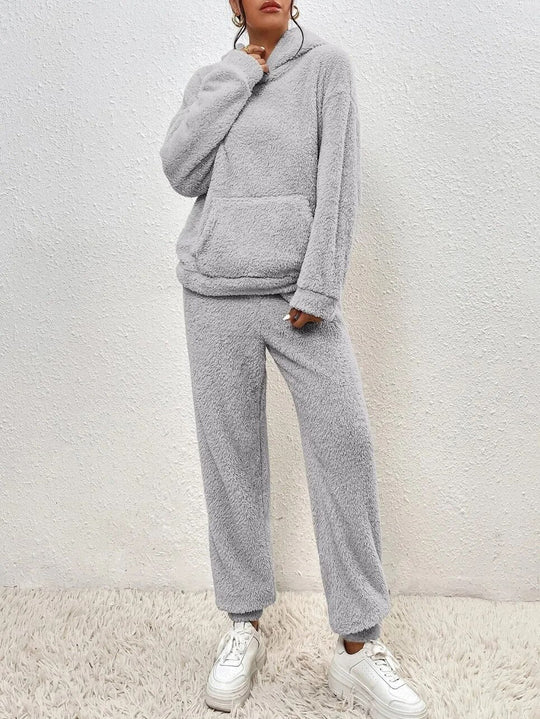 EB | Weiche Teddyjacke Damen Loungewear Satz mit Kapuze
