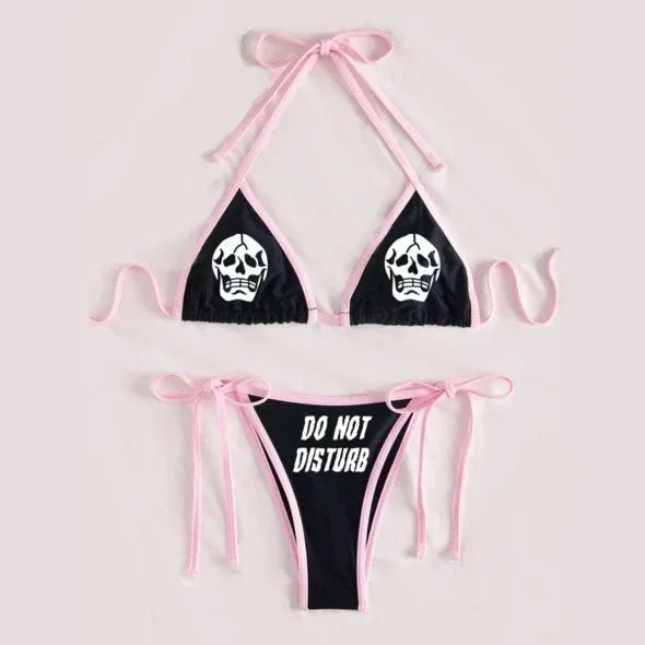 EB | Sexy Goth Bikini Frauen Buchstaben Totenkopf Druck Badeanzug Split Badeanzug Hohe Taille Gotische Bikini Set Strandoutfits