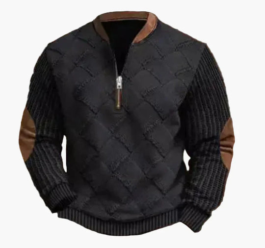 EB | Halbzipper Pullover - Modischer Strick-Look für Herbst und Winter, Warmes Sweatshirt mit Stehkragen und Ellbogen-Patches, Freizeit & Alltag
