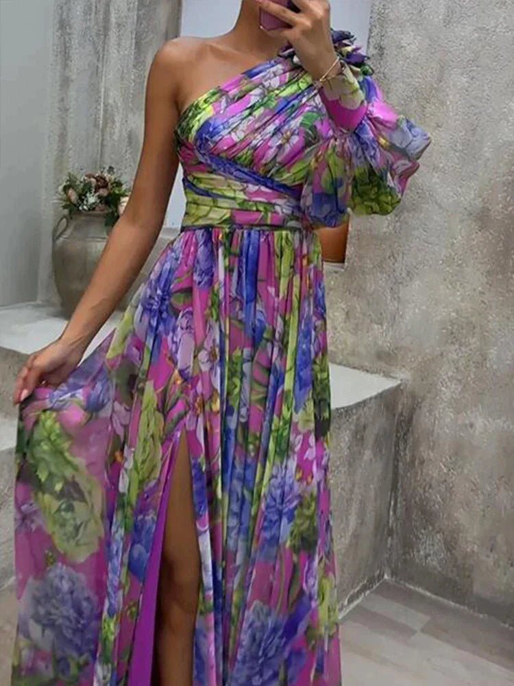 EB -  Lila Druck Seite Schlitz ein Ärmel Sexy Maxikleid