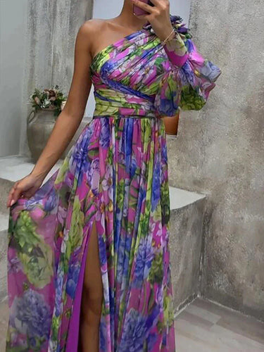 EB -  Lila Druck Seite Schlitz ein Ärmel Sexy Maxikleid