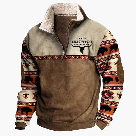 EB | Western Style Pullover mit Azteken-Muster und Longhorn-Motiv - Bequemer Freizeit-Sweater für Outdoor & Alltag